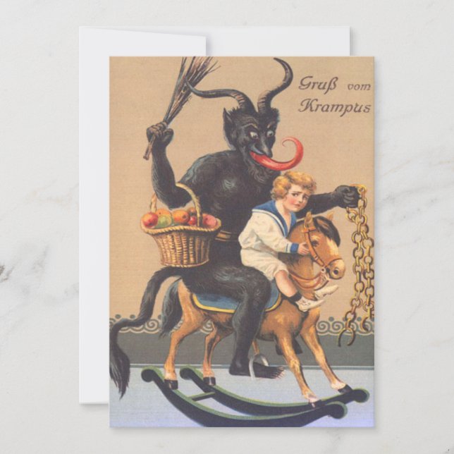 Krampus montant un cheval à bascule avec un garçon (Devant)