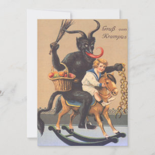 Krampus montant un cheval à bascule avec un garçon