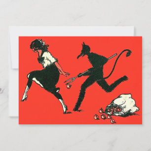 Krampus rouge poursuivant une femme avec des pomme