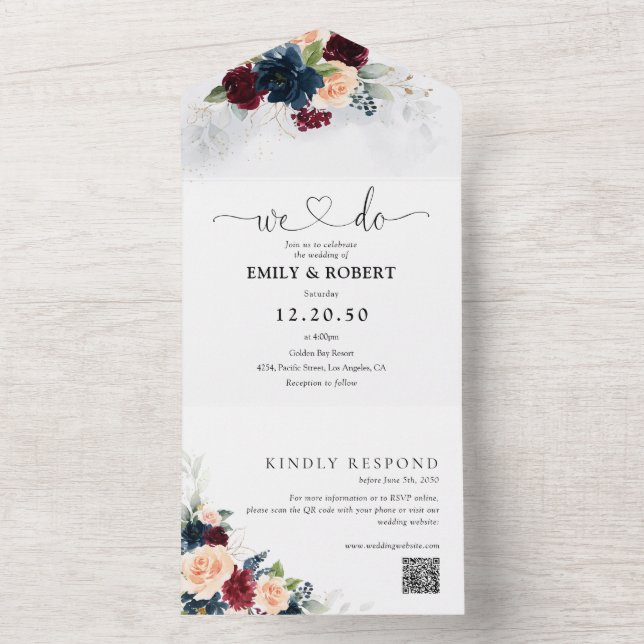 La Bourgogne et la marine en un mariage Invitation (À l'intérieur)