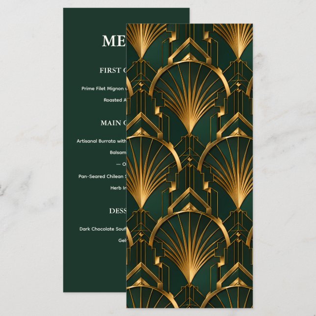 La carte de menu de mariage Art Déco Gatsby (Devant / Derrière)
