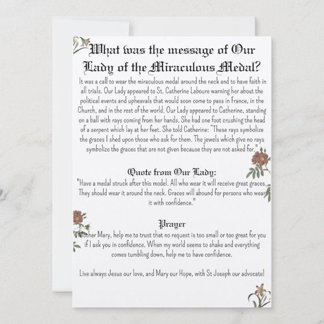 La carte de prière de la Médaille Miraculeuse (Dos)