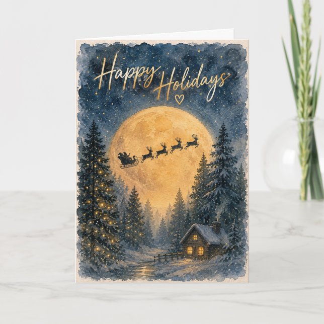 La carte de vœux aquarelle de Noël au clair de lun (Devant)