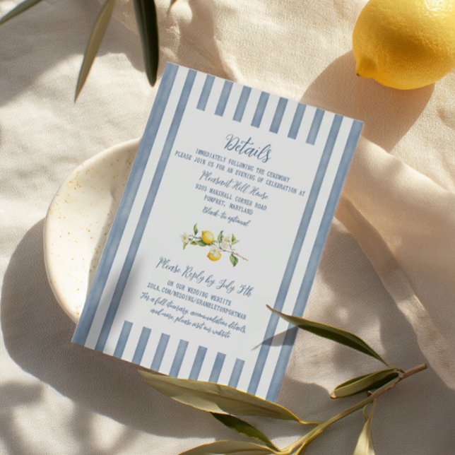 La Dolce Vita Lemon Carte Mariage Floral (Italian-themed details card with lemons and floral accents. Perfect for a citrus-themed wedding.)