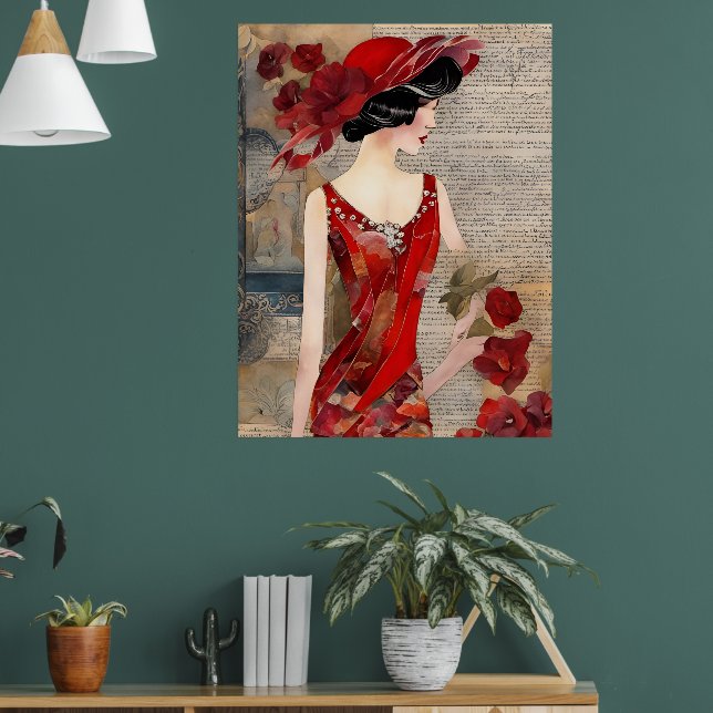 La Femme dans une robe rouge collage Poster (Salon 1)