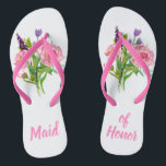 La femme d'honneur Floral Bouquet Les tongs Mariag<br><div class="desc">Jolie serveuse rose et blanche de tongs d'honneur avec des graphiques de bouquets de fleurs aquarelles sur chaque glissière.  Maid of Honor fait en texte rose est entièrement personnalisable pour répondre à vos besoins.</div>