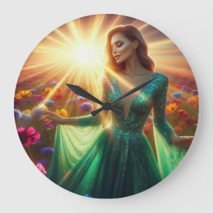 La femme en robe verte sur une grande horloge mura