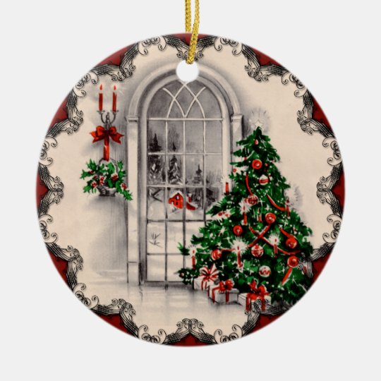 La fenêtre vintage de Noël allume l'ornement Ornement Rond En Céramique
