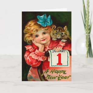 La fille et le chat - Carte postale de voeux pour