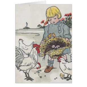 La fille vintage avec des poulets, E est un oeuf