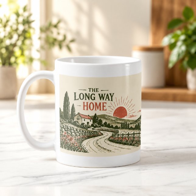 La Longue Route du Mug Linocut (The Long Way Home Linocut Road Mug — digital mockup.)