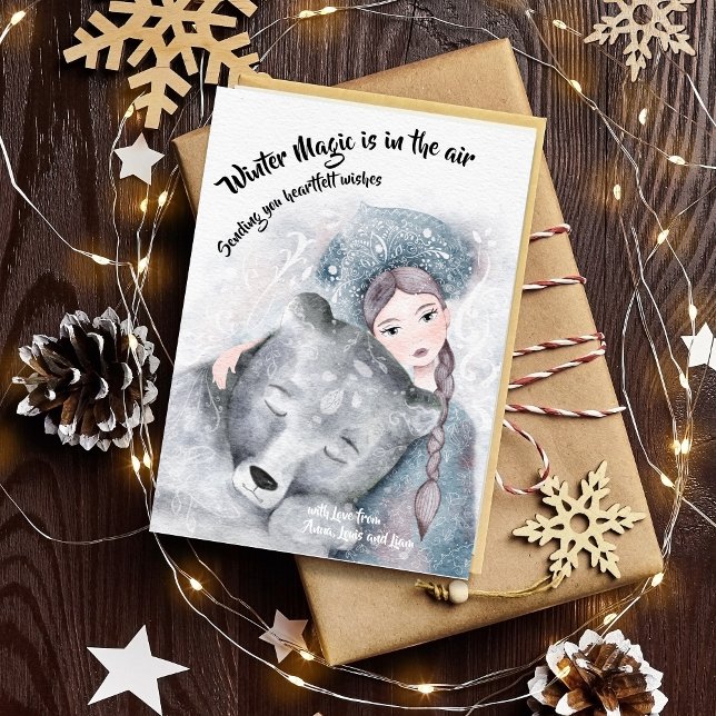 La magie de l'hiver est dans l'air | Carte de la R (Snow Queen with Bear Winter Magic Wishes Card)