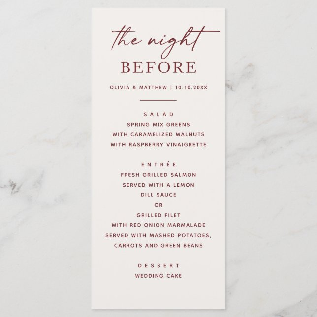 La Nuit Avant | Carte de Menu de Dîner de Répétiti (Devant)