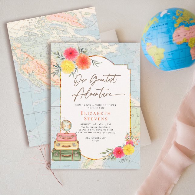 La plus grande aventure Carte du monde florale Voy (travel bridal shower invitation floral watercolor world map suitcases elegant modern chic)