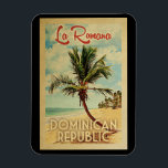 La Romana Magnet Palm Tree Vintage Travel<br><div class="desc">A uniquely retro mid-century modern La Romana Dominican Republic art print in vintage travel poster style. It features a curved palm tree on sandy beach with ocean under a blue cloudy sky.</div>