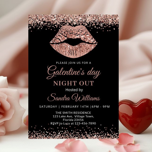 La soirée de la Saint-Valentin entre copines Rose  (Rose gold Lips Galentine's Day Night out invitation)