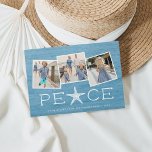 La tranquillité balnéaire | Carte de collage photo<br><div class="desc">Carte photo de vacances à la plage avec un air rustique présente trois photos carrés dans un plan collage sur un arrière - plan de bois bleu côtier, avec "peace" sous en lettres blanches. Une étoile de mer remplace la lettre "A" pour une touche côtière mignonne. Personnalisez avec vos noms,...</div>