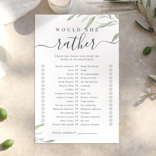 La verdure plutôt que jeu de baby shower pour mari (Greenery would she rather bridal shower game)