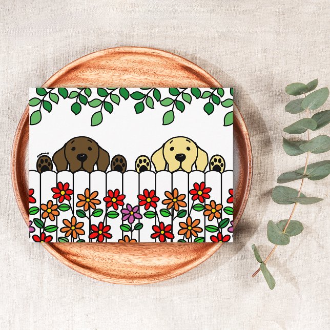Labrador Duo Vous Regarder Carte Postale (Labrador Duo Watching You postcard for Labrador Owners.  Chocolate Lab and Yellow Lab Cartoon Design)