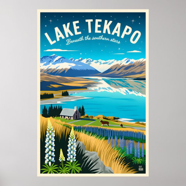 Lac Tekapo Nouvelle-Zélande Affiches de Voyage Rét (Devant)