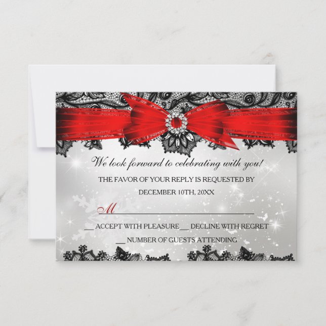Lace & Bow Argent Rouge Noël Fêtes RSVP (Devant)