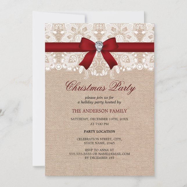 Lace Bow & Burlap Red Christmas Party Invitation (Devant)