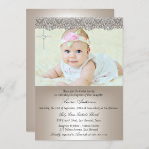 Lace Cross Baptême Christening Invitation