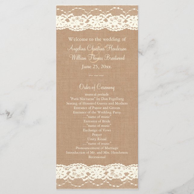 Lace d'ivoire vintage et Burlap moyen Programme de (Devant)