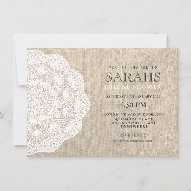 Lace Doily & Burlap Fête des mariées Invitation (Devant)