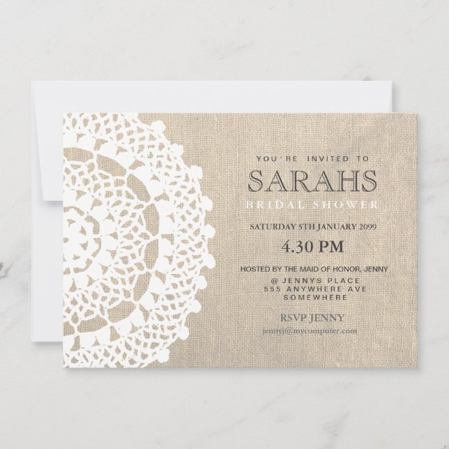 Lace Doily & Burlap Fête des mariées Invitation (Devant)