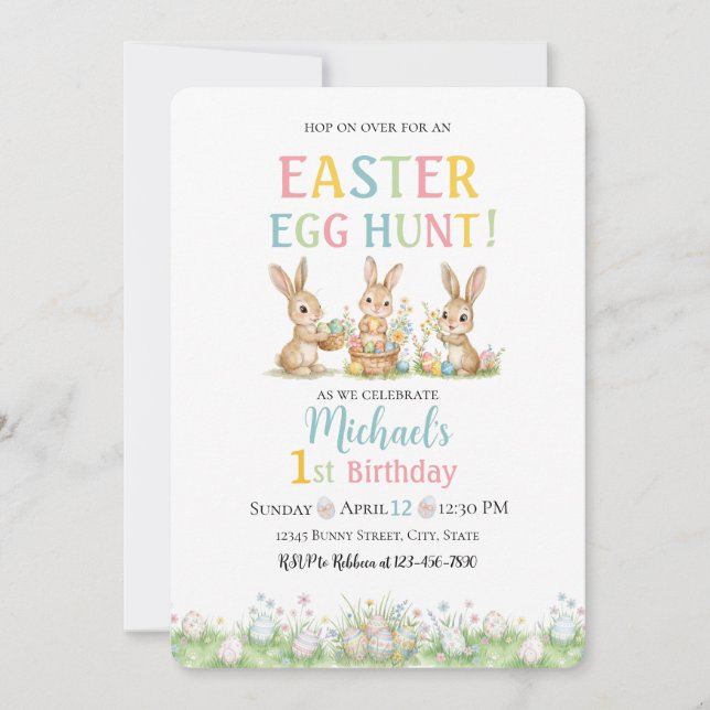 Lace Easter Egg Hunt Boy First Birthday Invitation (Devant)