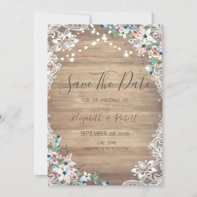 Lace Flowers Wood Texture, Lights Save The Date (Devant)
