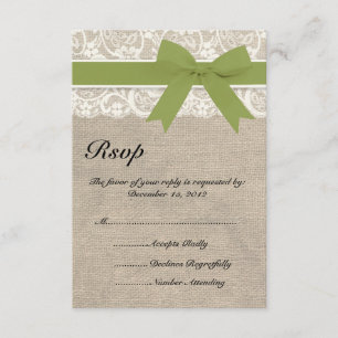 Lace ivoire et Burlap Look Olive RSVP Card