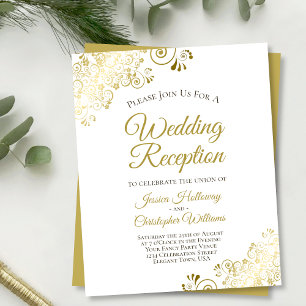 Lacy Gold Budget White Wedding Invitation de récep