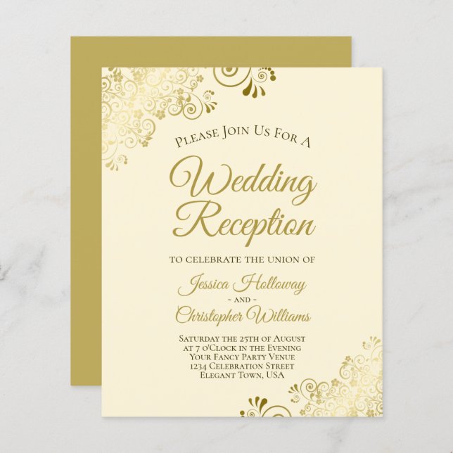 Lacy Gold & Cream Budget Mariage Invitation de réc (Devant / Derrière)