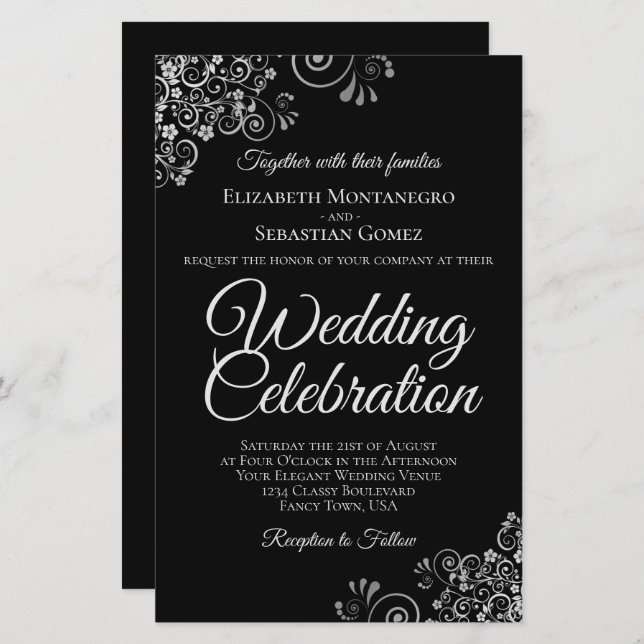 Lacy Silver sur Black BUDGET Mariage inviter grand (Devant / Derrière)