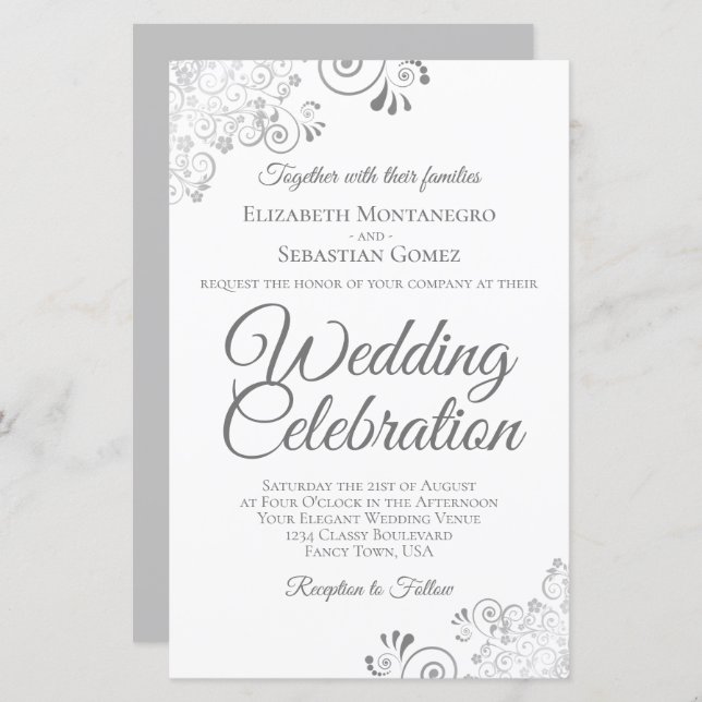 Lacy Silver & White BUDGET Mariage Inviter Grand (Devant / Derrière)