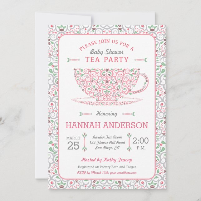 Lacy Teacup Baby shower Tea Party Invitation (Devant)