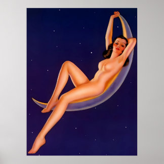 Lady on the Moon Vintage Pin Up Girl Poster