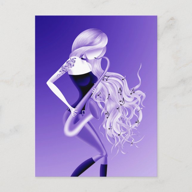 Lady Saxophoniste Carte Postale Bleue (Devant)