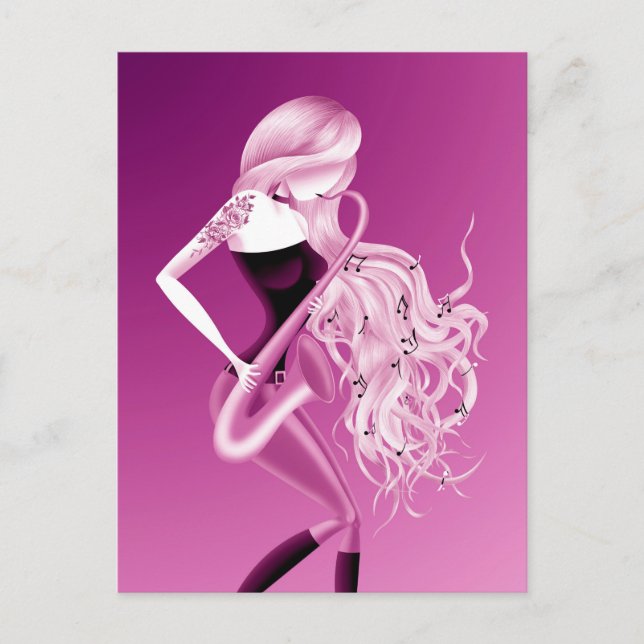 Lady Saxophoniste Carte Postale Rose (Devant)