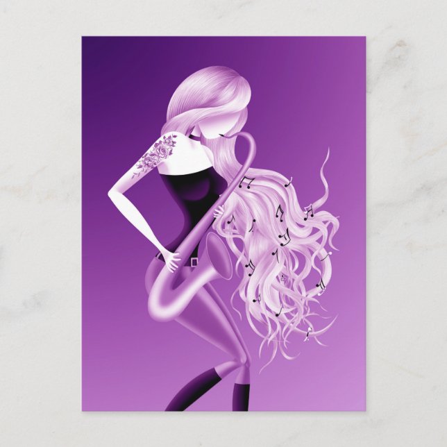 Lady Saxophoniste carte postale violette (Devant)