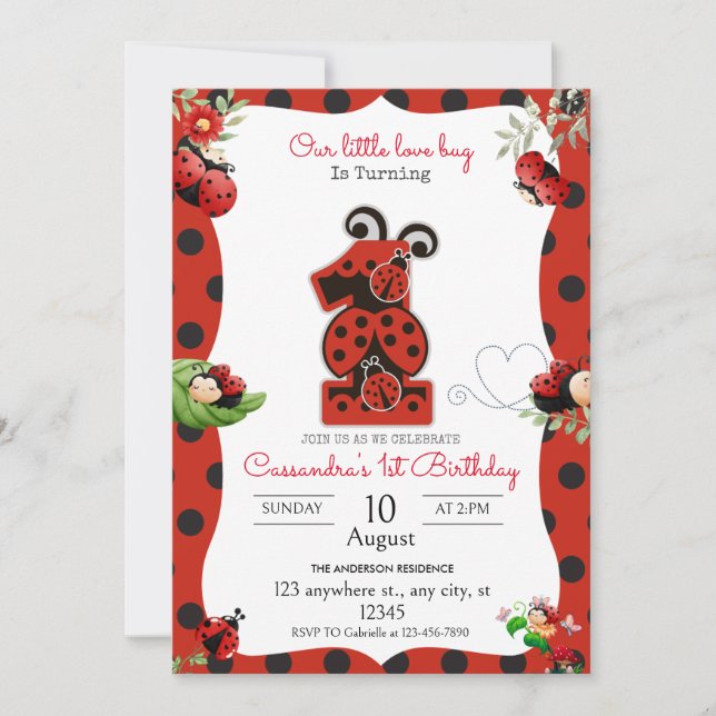 Ladybug 1er anniversaire de fête Invitation (Devant)