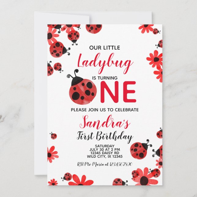 Ladybug 1st Baby Girl Birthday Invitation (Devant)