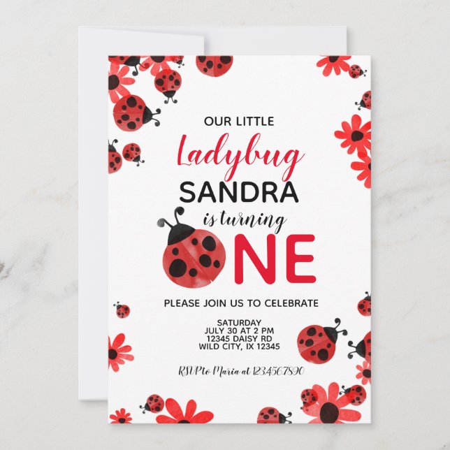 Ladybug 1st Baby Girl Birthday Invitation (Devant)