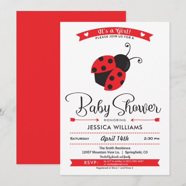 Ladybug Baby shower Invitation fille (Devant / Derrière)