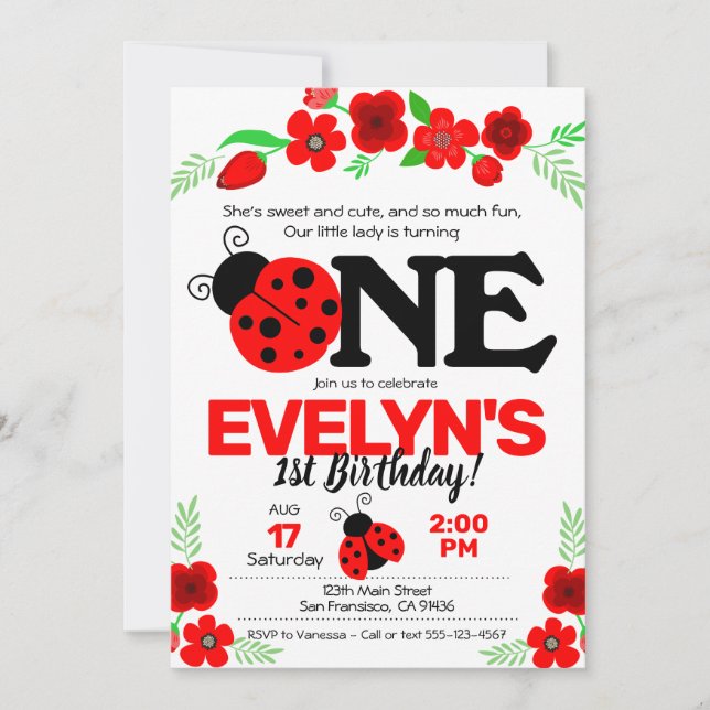 Ladybug Invitation pour le premier anniversaire (Devant)