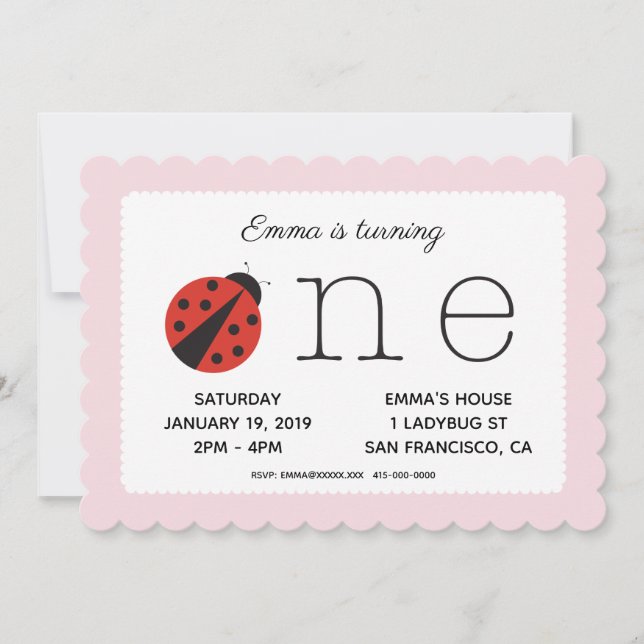 Ladybug première invitation anniversaire en rose (Devant)