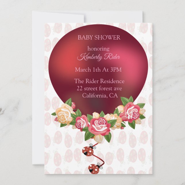 Ladybug Red Roses Baby shower Invitation (Devant)