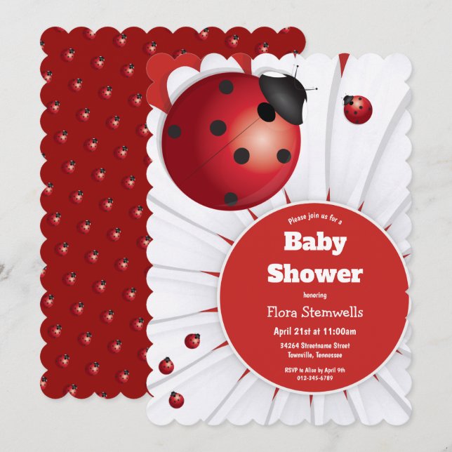 Ladybug Red White Baby shower noir Invitation (Devant / Derrière)